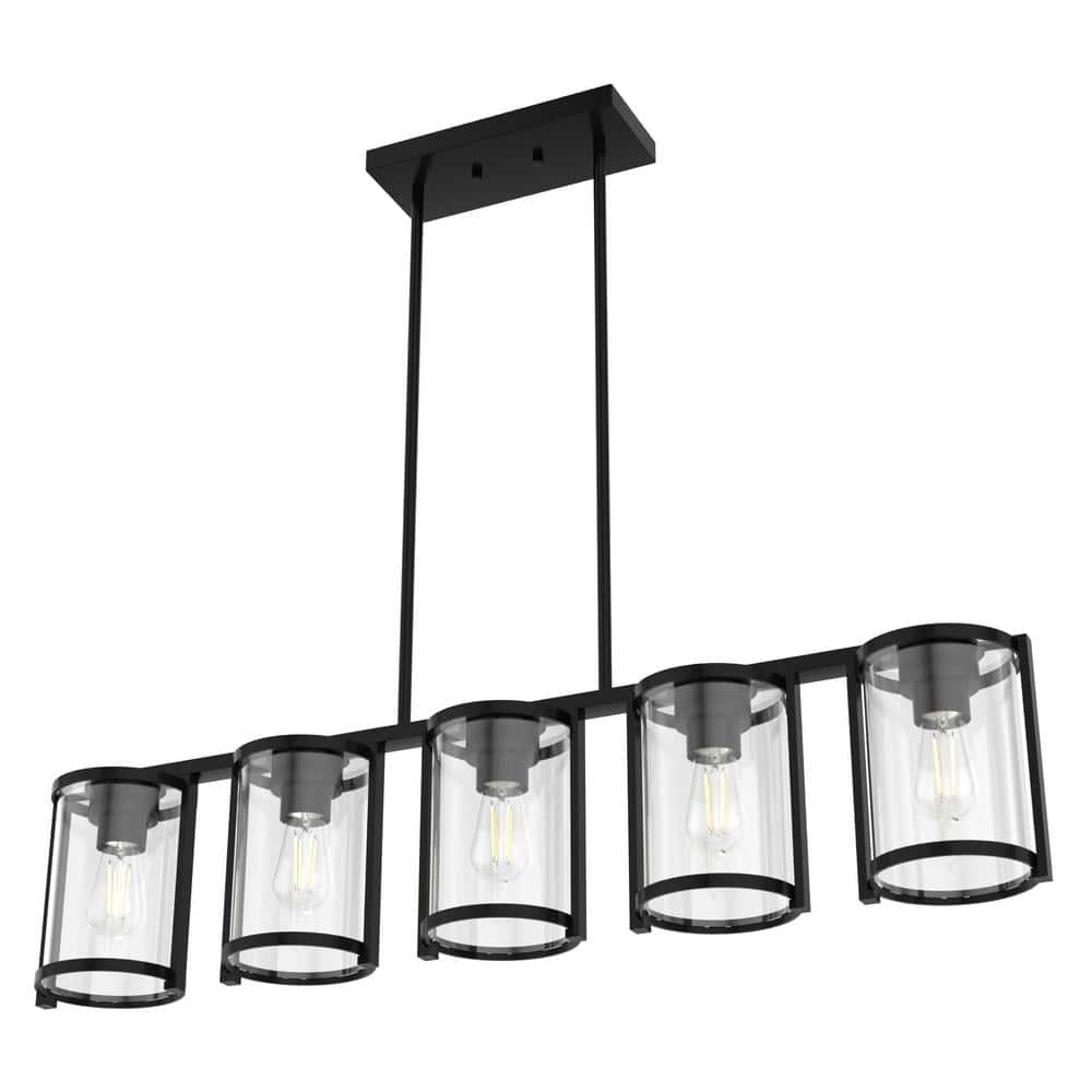 Matte Black Linear Chandelier with Clear Glass Shades