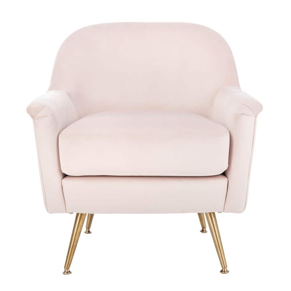 Blush Pink Velvet & Wood Contemporary Arm Chair with Brass Legs