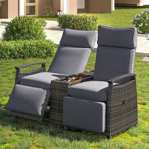 Wicker Outdoor Loveseat Recliner Chair with Adjustable Backrest and Built-in Storage Table in Gray Cushions