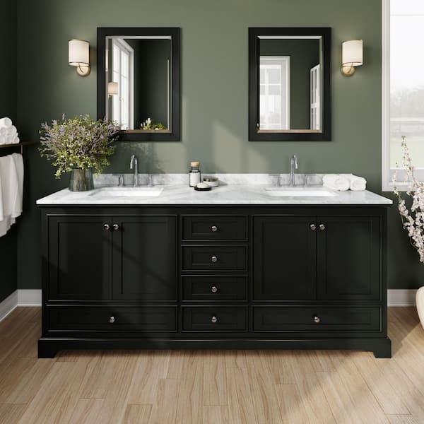 Wyndham Collection Deborah 80 in. Double Vanity in Dark Espresso with Marble Vanity Top in White Carrara with White Basins and Mirrors