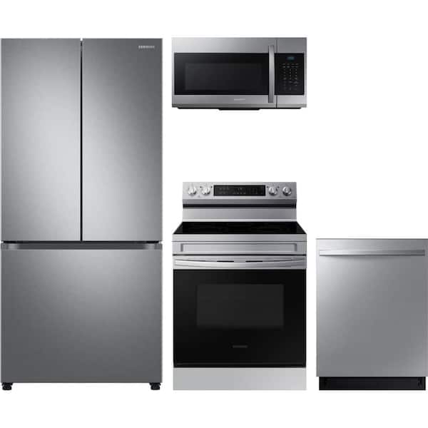 25 cu. ft. Standard Depth 3-Door French Door Refrigerator with 5-Burner Freestanding Range and AutoRelease Dishwasher