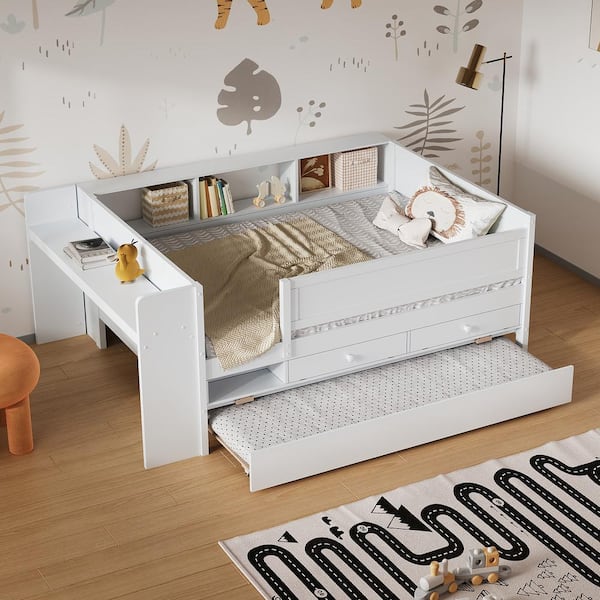 Nestfair White Twin Wood Daybed with Storage Headboard Tables USB Ports Drawers and Trundle