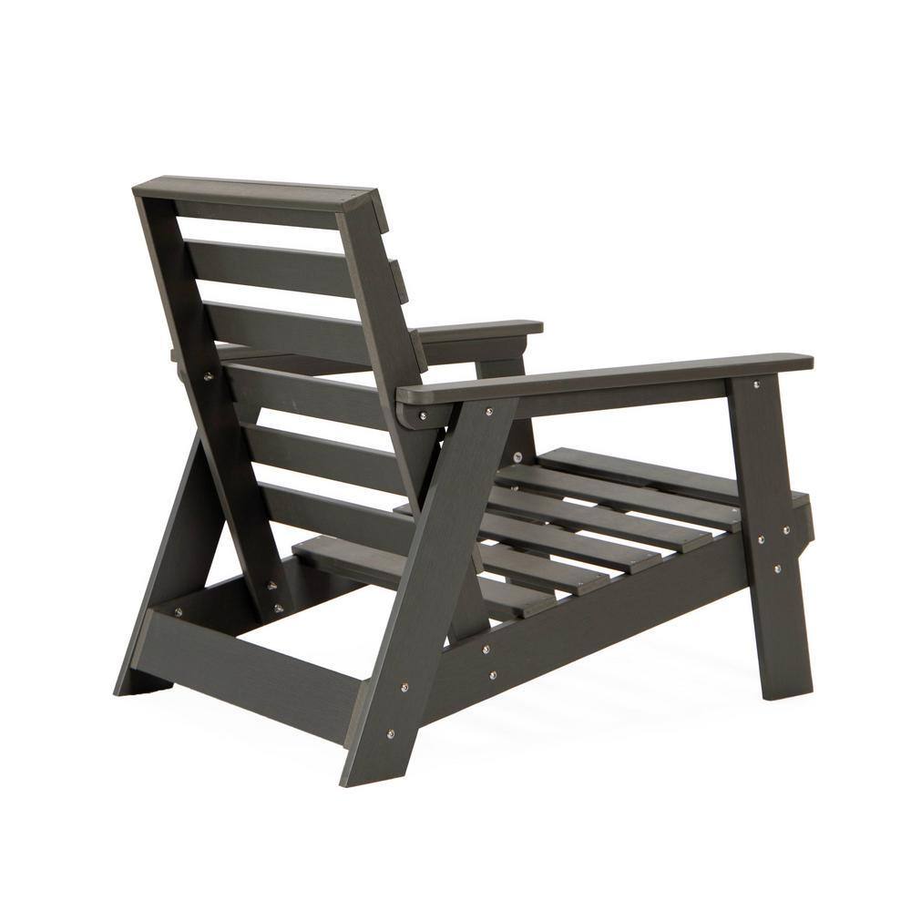 Three-quarter view of a taupe lounge arm chair without cushions.