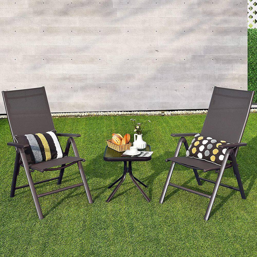 Gray Aluminum Folding Dining Chairs with Adjustable Reclining Backrest, Set of 2