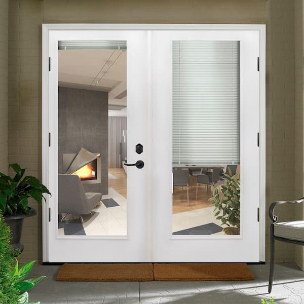 Reliant Series White Primed Fiberglass Prehung Mini Blind Patio Door
