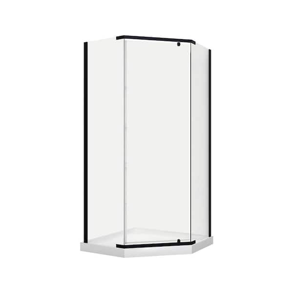 A&E Nevada 38 in. L x 38 in. W x 73 in. H Corner Shower Kit Pivot Semi Frameless Shower Door and Corner Drain Shower Pan
