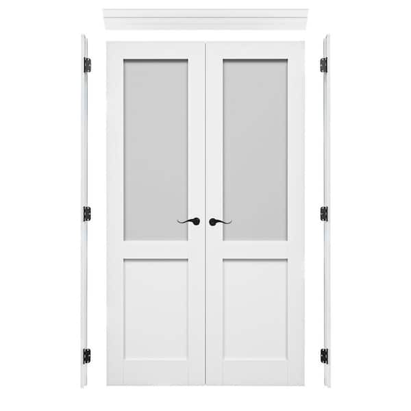 48 in. x 80 in. 1/2-Lite Frosted Glass Universal White Solid Core MDF Double Prehung French Door + Quick Assemble Jamb
