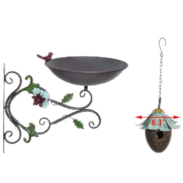 11 in. Wall Mounted Birdbath and Hanging Birdhouse in Grey, Bird Baths for Back Yard, Deck and Patio Deco