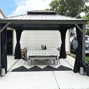 10 ft. x 14 ft.Light Gray Aluminum Hardtop Gazebo Canopy for Patio Deck Backyard with Netting, Hooks, Upgrade Curtain