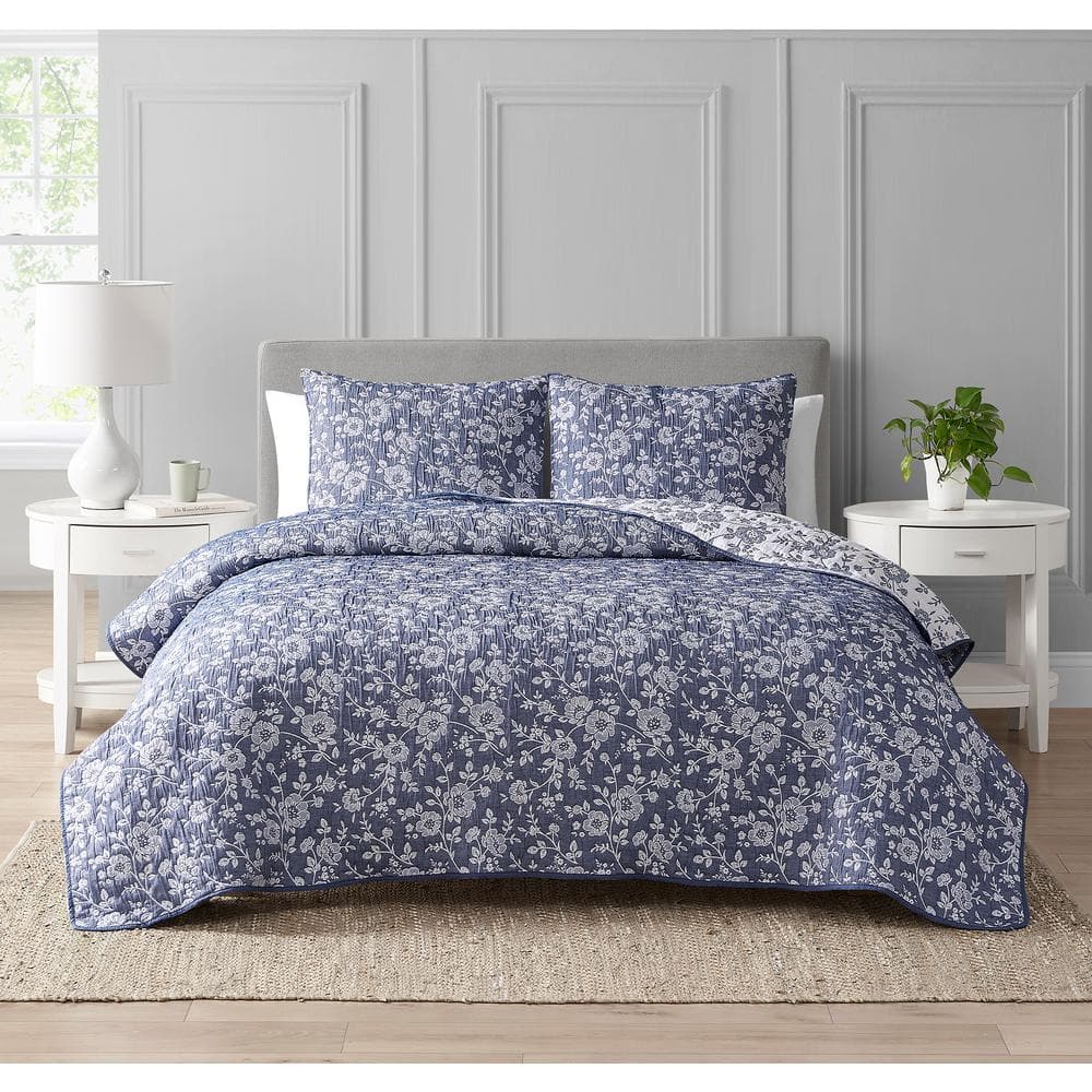 CEDAR COURT Marguerite Floral Navy 3-Piece Soft Matelasse Cotton Blend ...