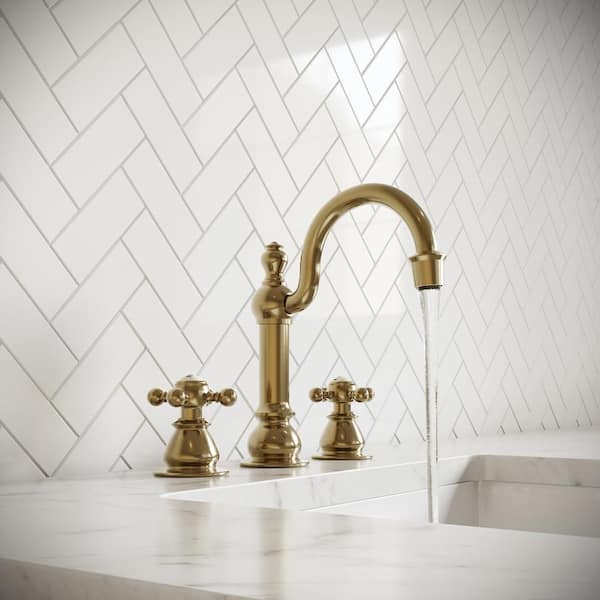 Classic Hook Widespread Deck Mount Lavatory Faucets F2-0012 With Pop-Up Drain in Satin Gold With British Cross Handles