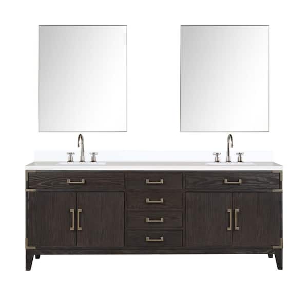 Fossa 84 in. W x 22 in. D Brown Oak Double Bath Vanity with White Quartz Top, Faucet Set, and 36 in. Mirrors