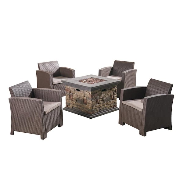 Noble House Rosedale 5-Piece Faux Wicker Outdoor Patio Fire Pit Conversation Set with Mixed Beige Cushions