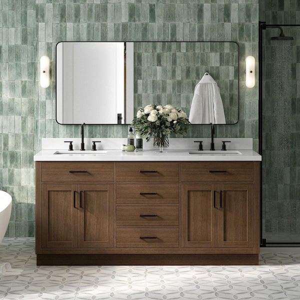 Hepburn 73 in. Double Sink Freestanding in Brown Oak Bath Vanity with Pure White Quartz Top