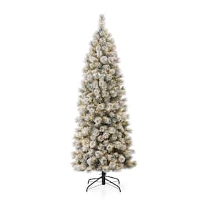 7.5 ft. Pre-Lit Flocked Pencil Pine Artificial Christmas Tree with 350 Warm White Lights