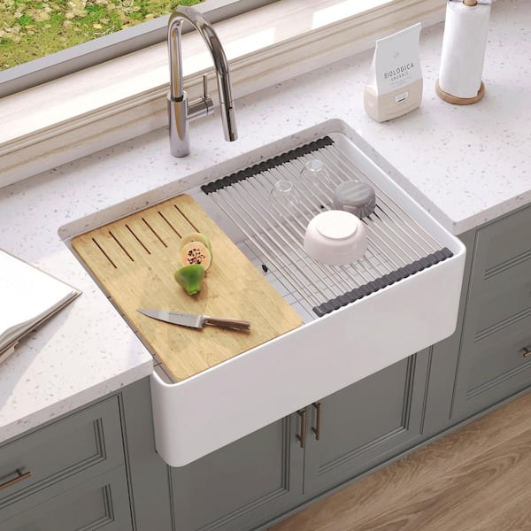 30 in. Farmhouse/Apron-Front Single Bowl Fireclay Workstation Kitchen Sink in White