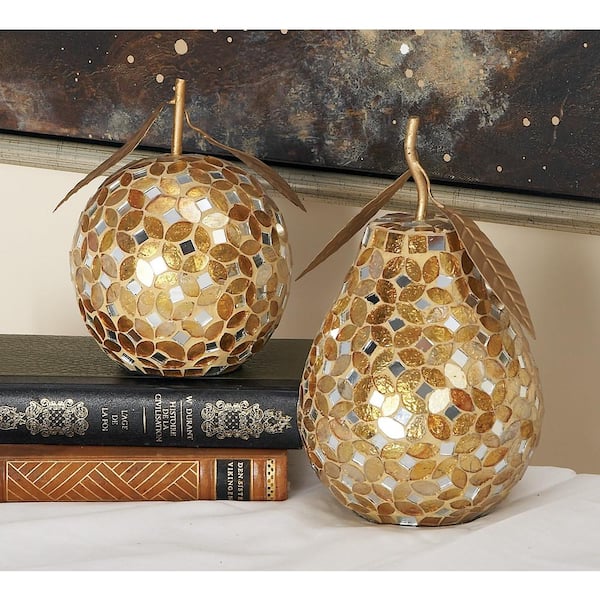 Litton Lane Gold Metal Decorative Fruit Sculpture with Mosaic Details (Set of 2)