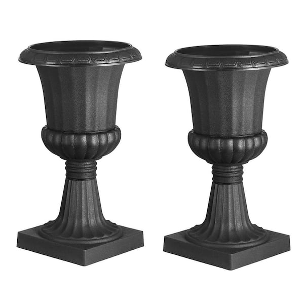 Plastic Urn Planters, 9.84 in. x 16.54 in. 15 qt. Black Plastic Urn 2-Pack Classic Flower Pots Front Porch Planters