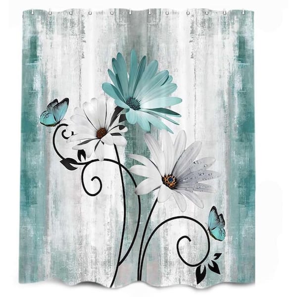Farmhouse Shower Curtain 70 x 70 Teal Daisy Floral Butterfly Design with 12 Hooks Turquoise Blue Polyester