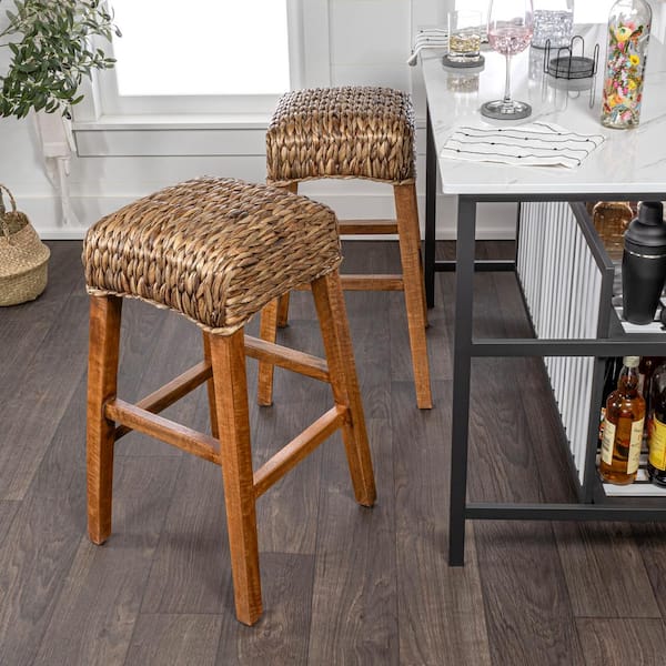 JONATHAN Y Maui 29.5 in. Rustic Bohemian Hyacinth/Wood Backless Bar Stool, Brown Wash Woven Seat with Natural Wood Frame
