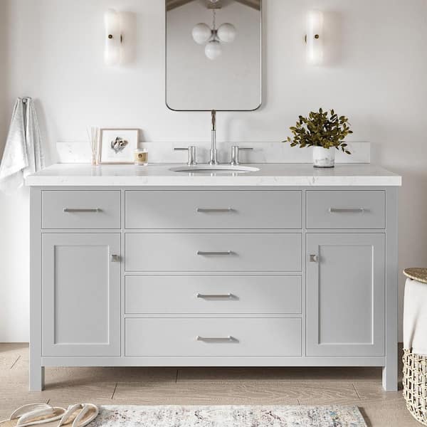 ARIEL Bristol 60.25 in. W x 22 in. D x 36 in. H Single Sink Freestanding Bath Vanity in Grey with Carrara White Quartz Top