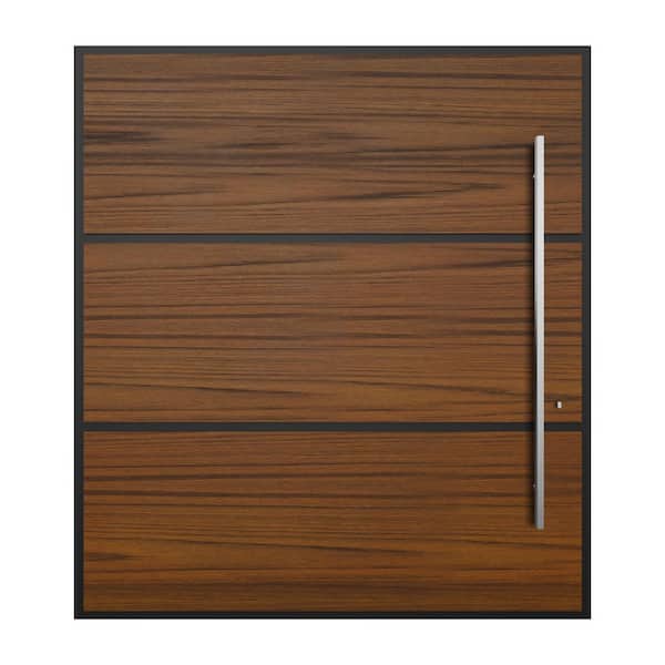 72 in. x 80 in. Helsinki Faux Teak Aluminum Prehung Pivot Entry Door with Hardware