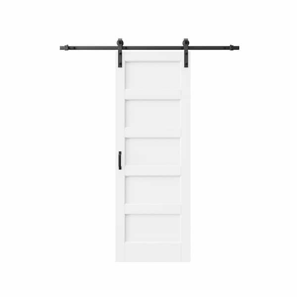 30 in. x 80 in. Waterproof 5 Panel White MDF No Assembly Required Barn Door Slab with Hardware Kit and Soft Close