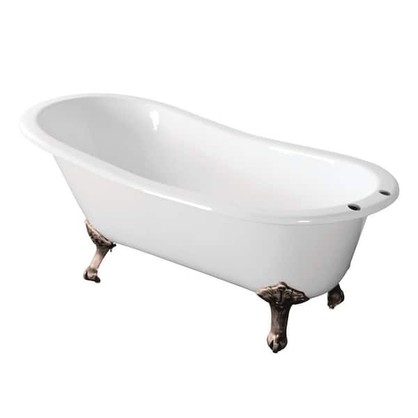 Aqua Eden 67 in. Cast Iron Single Slipper Clawfoot Bathtub in White with 7 in. Deck Holes, Feet in Brushed Nickel