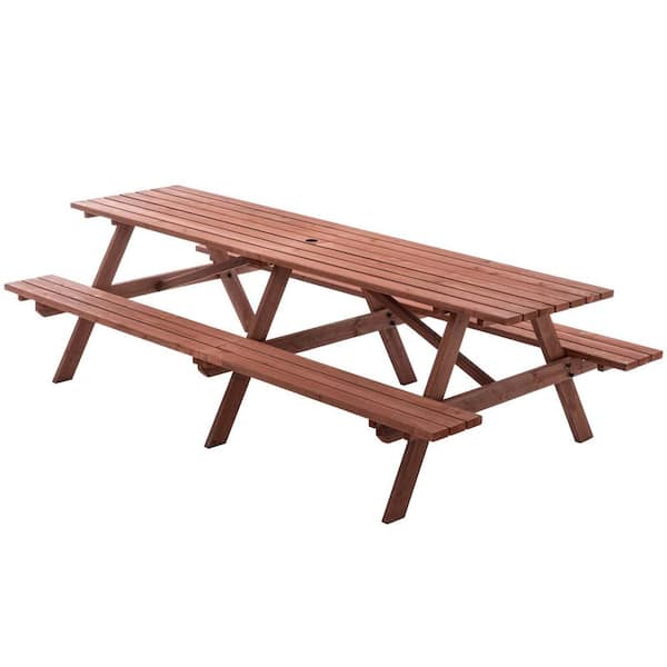 95 in. Brown Rectangle Wood Picnic Table, Outside Dining Set With Umbrella Hole & Benches, Patio Table, Garden Furniture