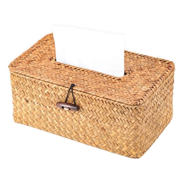 Rectangular Tissue Box Cover with Caramel Seagrass Weave, Hand-Woven Rattan Style for Bathroom Decor