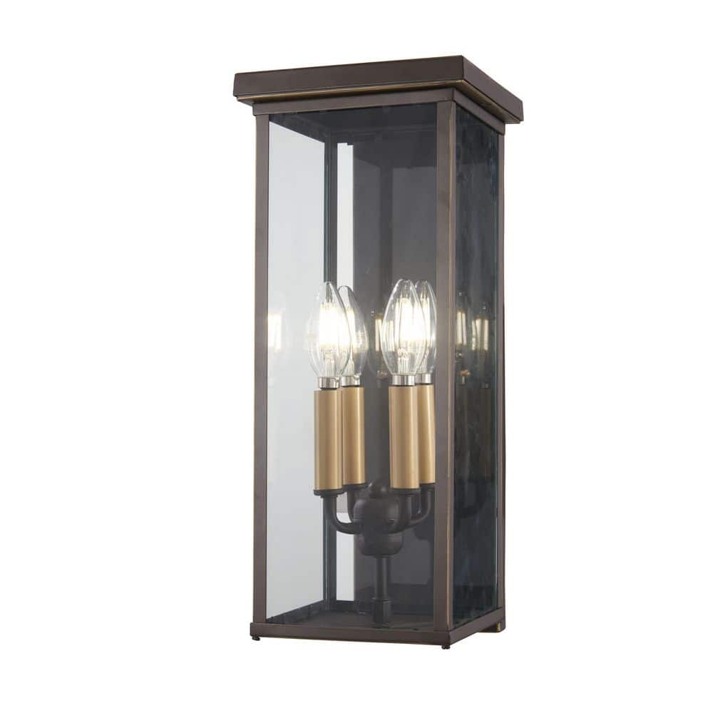 Elegant 4-Light Bronze Wall Lantern with Clear Glass and Gold Highlights