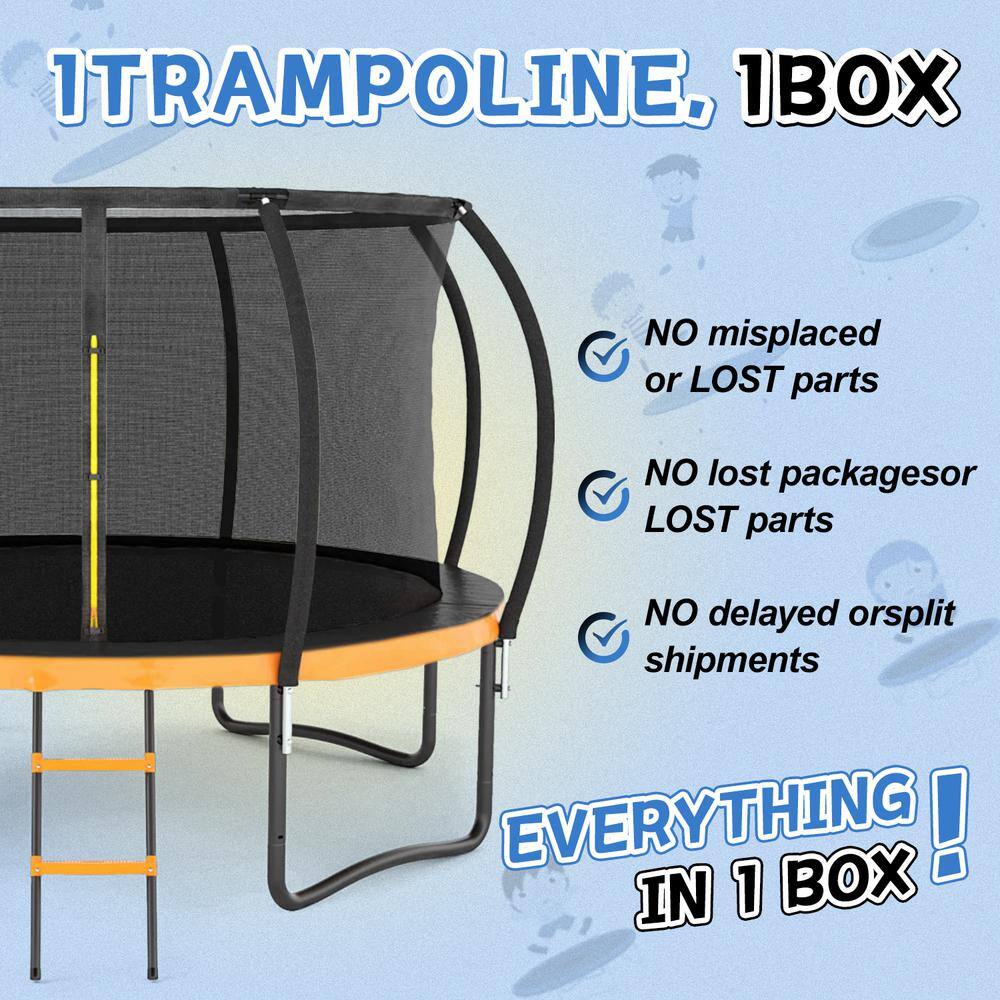 12 FT Black and Orange Outdoor Trampoline with Safety Enclosure and Ladder