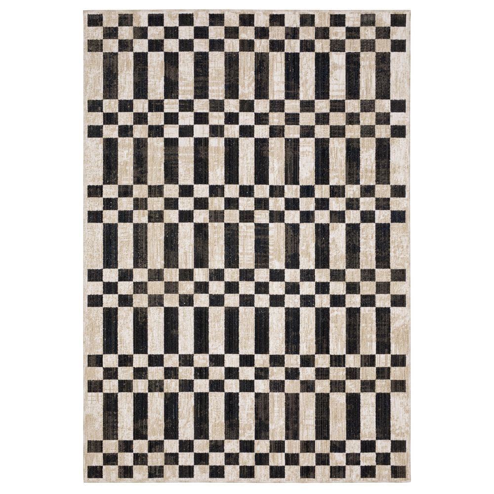 Block Pattern Area Rug AVERLEY HOME Helix Beige/Black 6 ft. x 9 ft. Modern Geometric Blocks ...