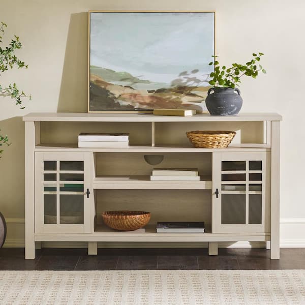 Walker Edison Furniture Company Traditional White Oak Wood 58 in. Sideboard with Windowpane Glass Doors