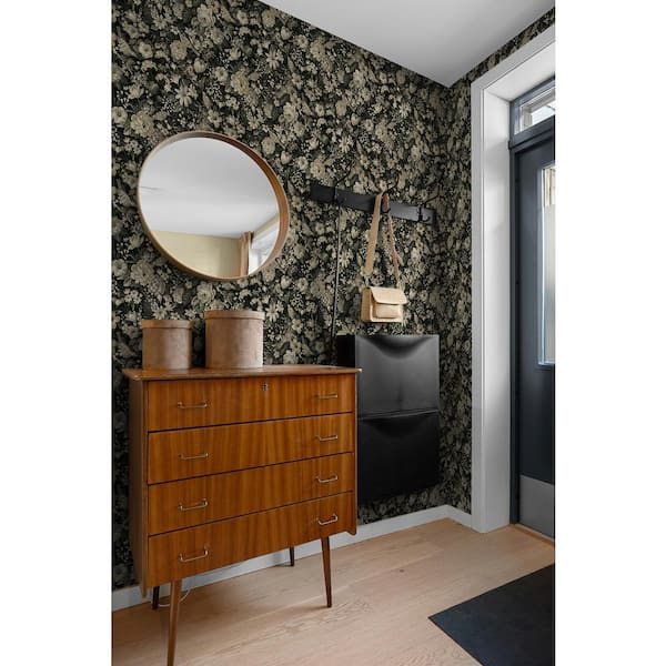 15.38 sq. ft. Ebony and Pale Fern Vintage Bird Garden Vinyl Peel and Stick Wallpaper Roll