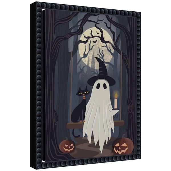 Sylvie "Ghost and Black Cat" by Rachel Lee 3 Birdies Studio Holiday Framed Canvas Art Print 13 in. x 10 in.