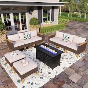 Brown Rattan Wicker 8 Seat 9-Piece Steel Outdoor Patio Conversation Set with Beige Cushions, Rectangular Fire Pit Table