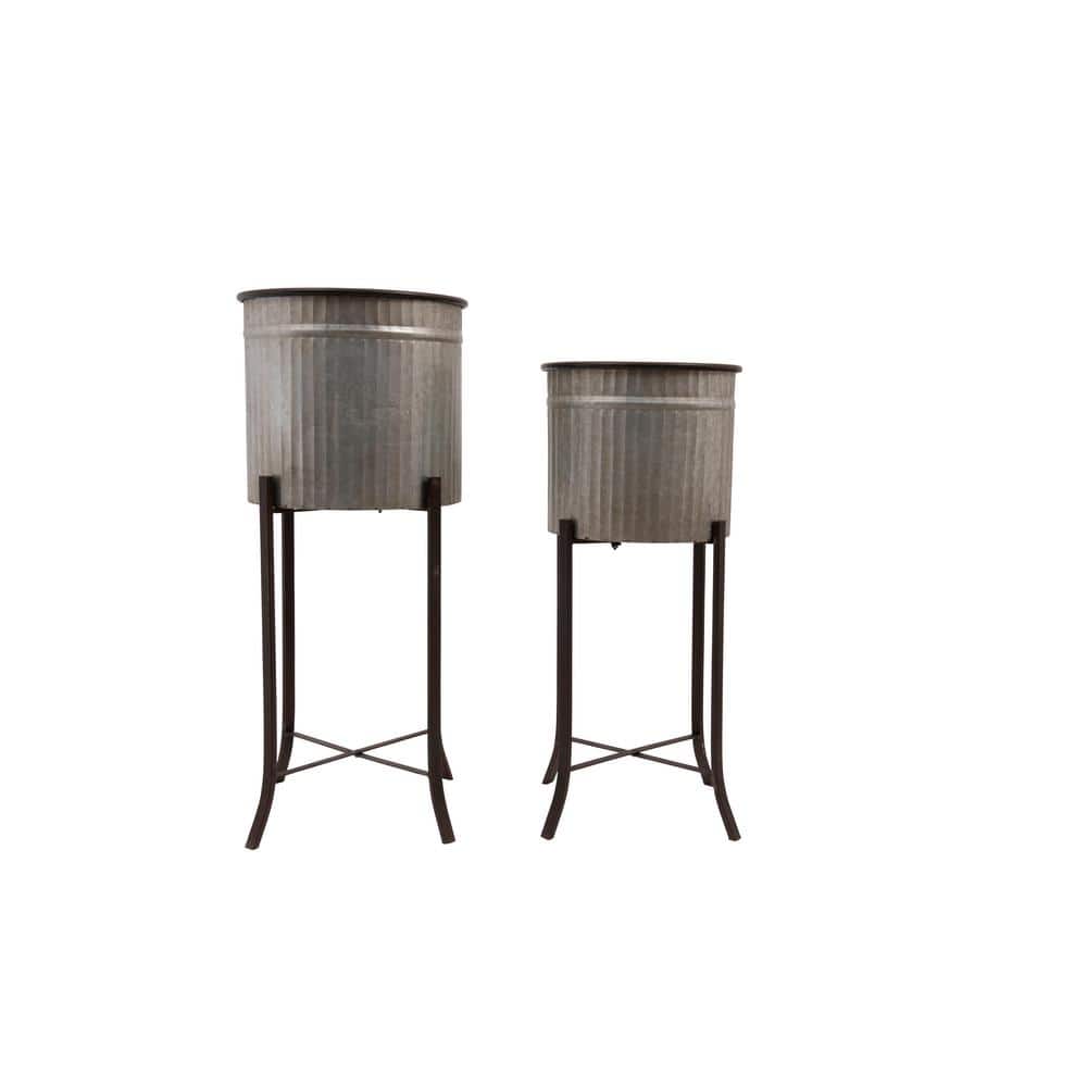 Silver and Black Corrugated Metal Round Planters with Stands, Set of 2