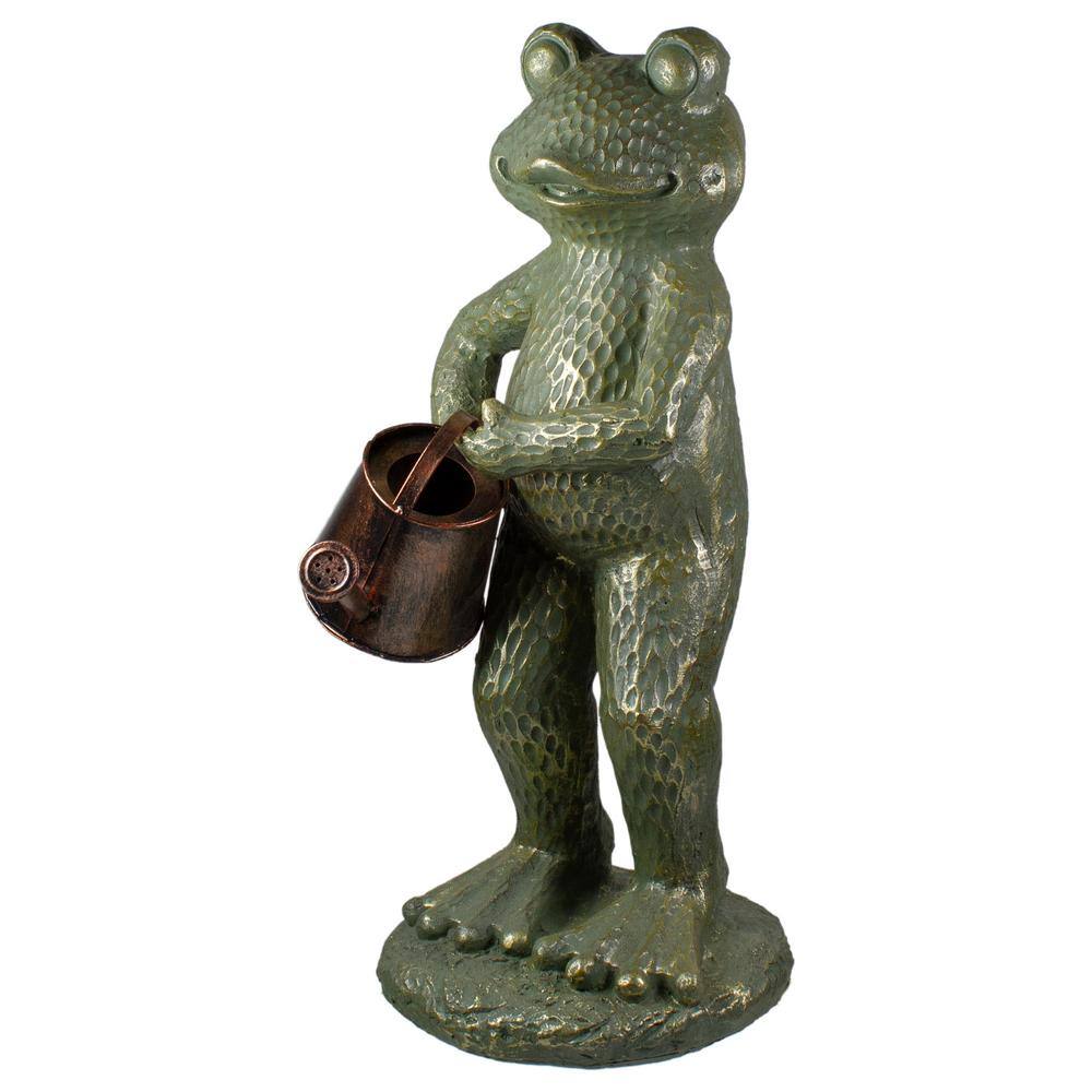 17" Gold Verdigris Frog with Watering Can Garden Statue