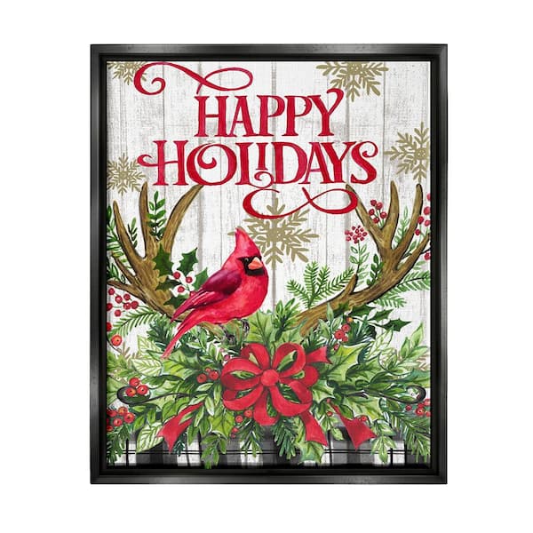 Stupell Industries Happy Holidays Cardinal 1-Piece Floater Frame Graphic Print Animal Poster Art Print 31 in. x 25 in.