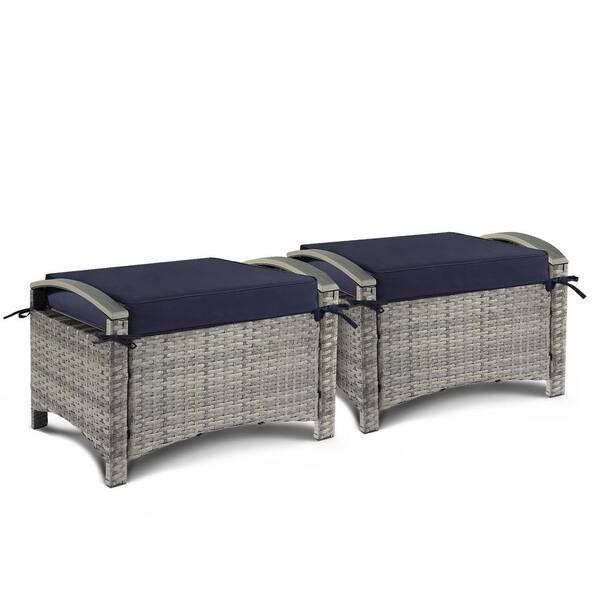 Karl home Gray Wicker Outdoor Ottoman with Blue Cushion (2-Pack)
