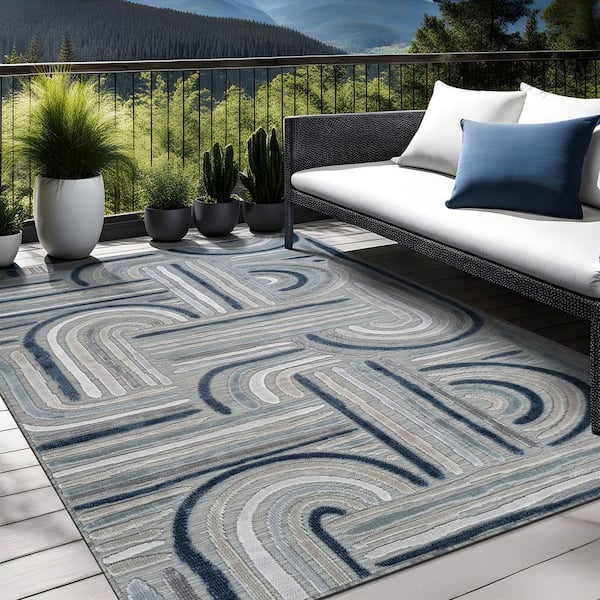 Arcadia Blue 10 ft. x 14 ft. Washable Abstract Indoor Outdoor Area Rug
