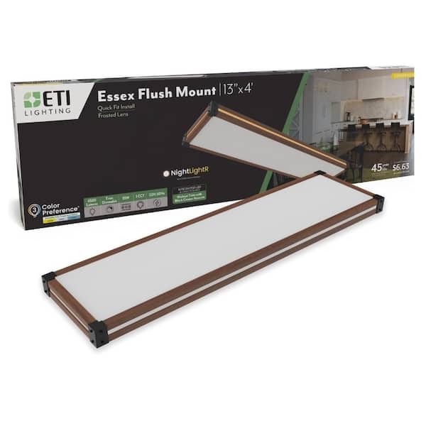 ESSEX 4 ft. x 13 in. Industrial Rustic Walnut Trim LED Flush Mount Light Nightlight 4500LM 55W Adjustable CCT Dimmable