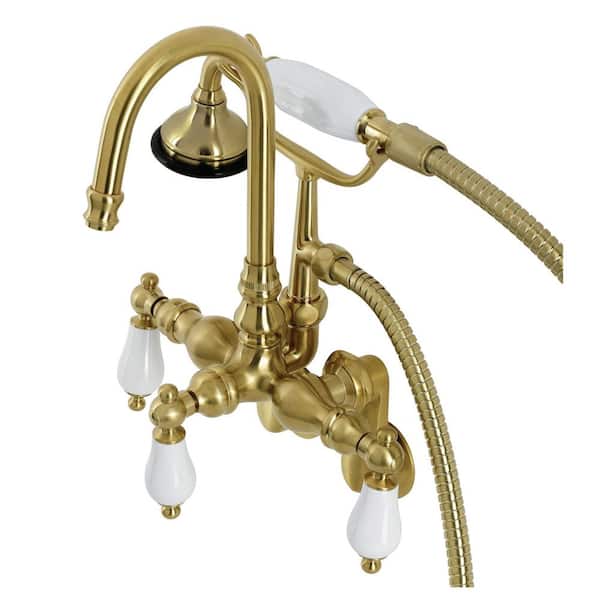 Kingston Brass Aqua Vintage Wall Mount 3-Handle Claw Foot Tub Faucets in Brushed Brass