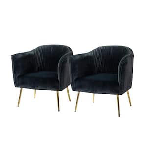 Auder Contemporary Black Velvet Accent Barrel Chair with Ruched Design and Golden Legs (Set of 2)