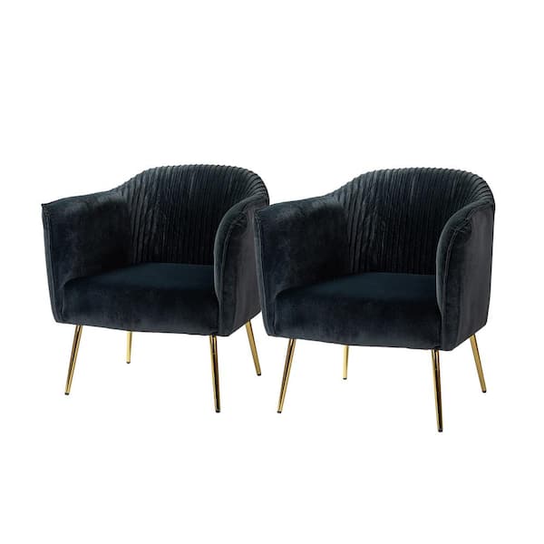 JAYDEN CREATION Auder Contemporary Black Velvet Accent Barrel Chair with Ruched Design and Golden Legs (Set of 2)