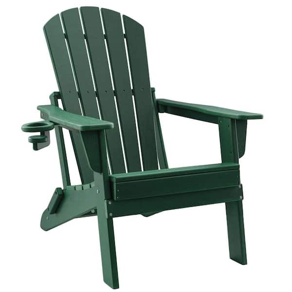 HDPE Folding Adirondack Chair with Cup Holder, Weather-Resistant, Low Maintenance, Supports Up to 400 lbs. Green