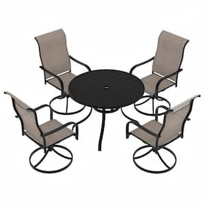 5-Piece Steel Textiliene Swivel Chair Round Table 28.35 in. Height Patio Dining Set with Umbrella Hole