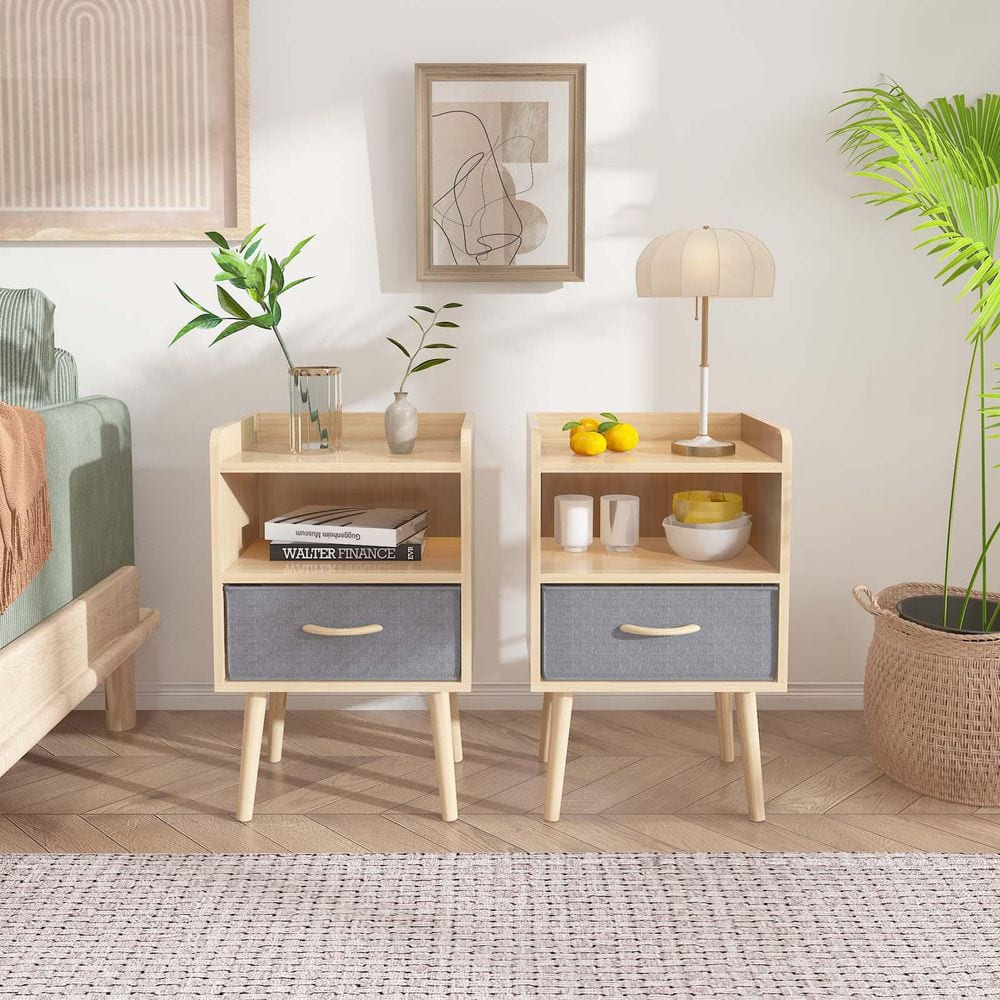 Oak 1-Drawer 15.8 in. W Nightstand Set of 2, Storage End Table Side Table M