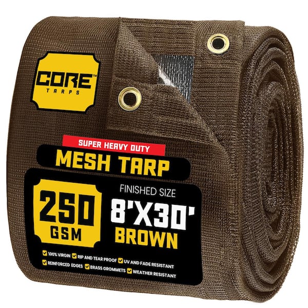 8 ft. X 30 ft. Brown 250 GSM 7.5 oz Heavy Duty Mesh Tarp, UV Resistant